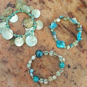 Set of 3 bracelets, BOHO green blue beads/shells